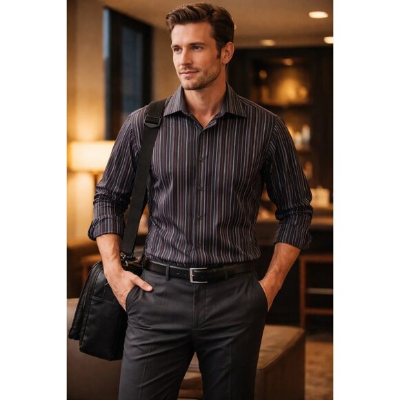 Pronto Uomo Other - Pronto Uomo Black, Tan White Stripe Dress Shirt Size Large